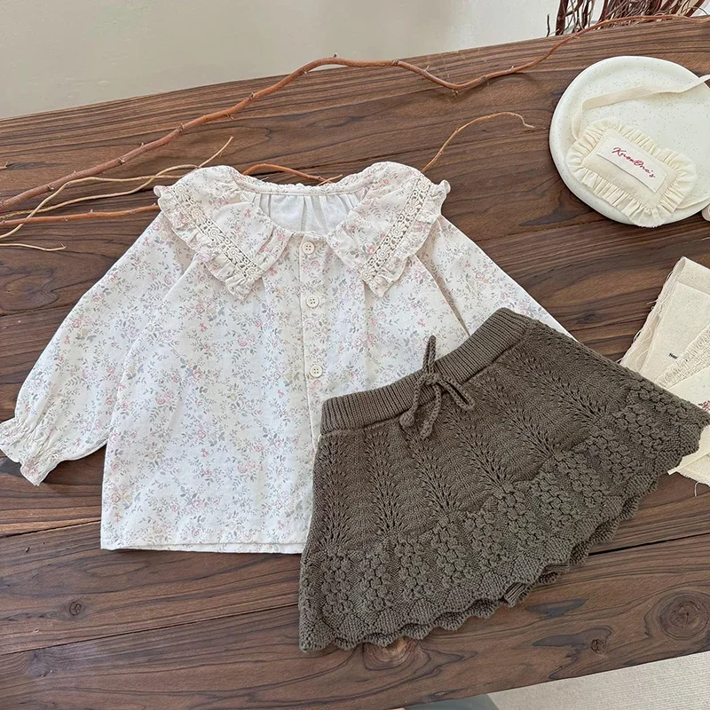 

Блузка с лацканами для девочек и рубашка с цветочным принтом, весенне-осенние хлопковые блузки с цветочным принтом, детские топы с воротником Питера для девочек, детская одежда