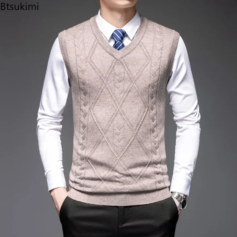 2025 High-end Wool Sweater Vest for Men Business Casual Solid V Neck Sleeveless Pullover Tops Men Fashion Slim Sweater Waistcoat