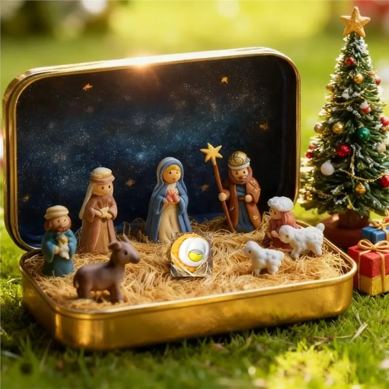 MOPHE-Handcrafted Mini Christmas Nativity Set In Tin Box, Portable Nativity Scene With Figurines,For Desk, Office, Home