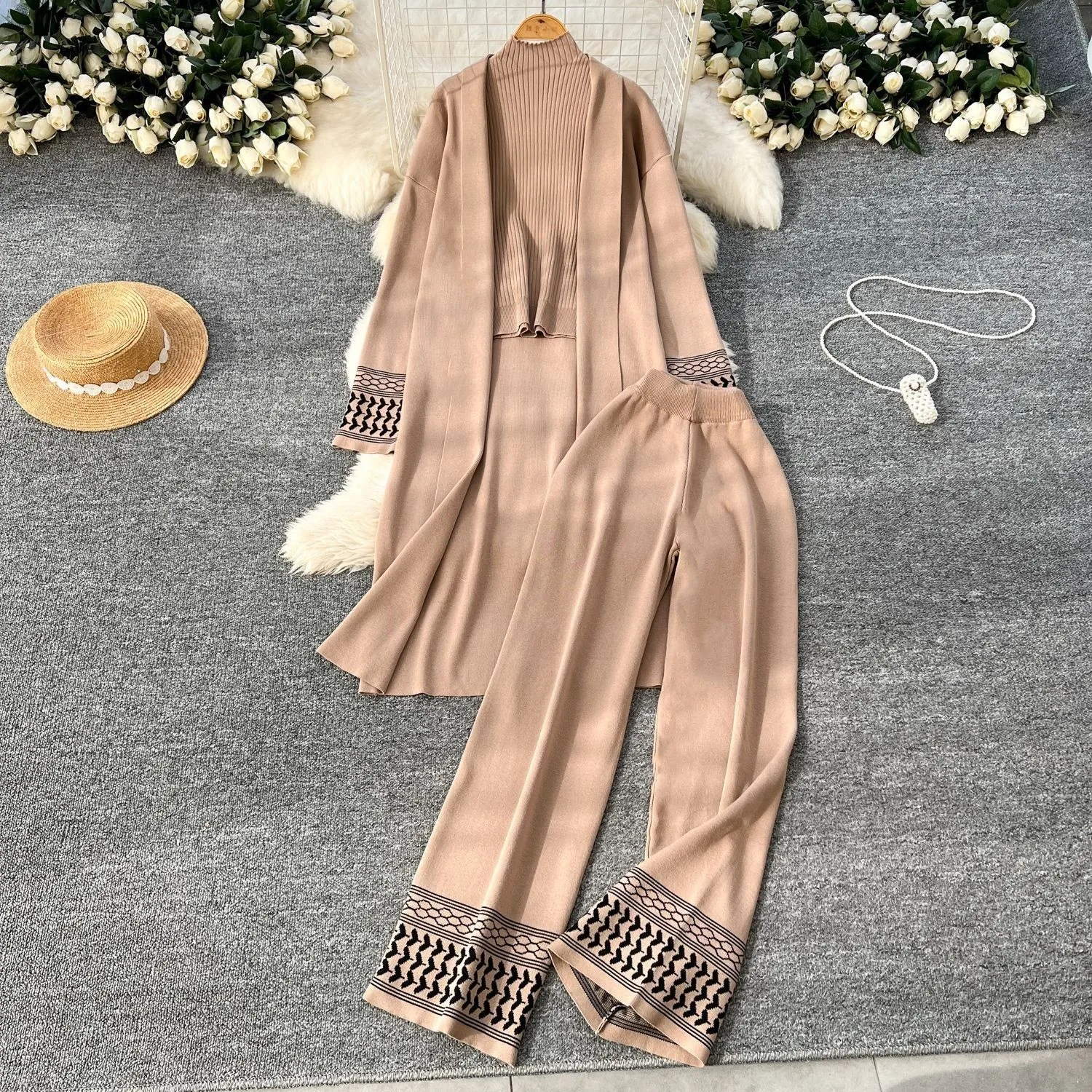 2 Pieces Set For Woman Sweater Crew Neck Beige Knit Top Ethnic Print Trim Rust Pullover Oversized Fit Black Long Sleeve Sweater