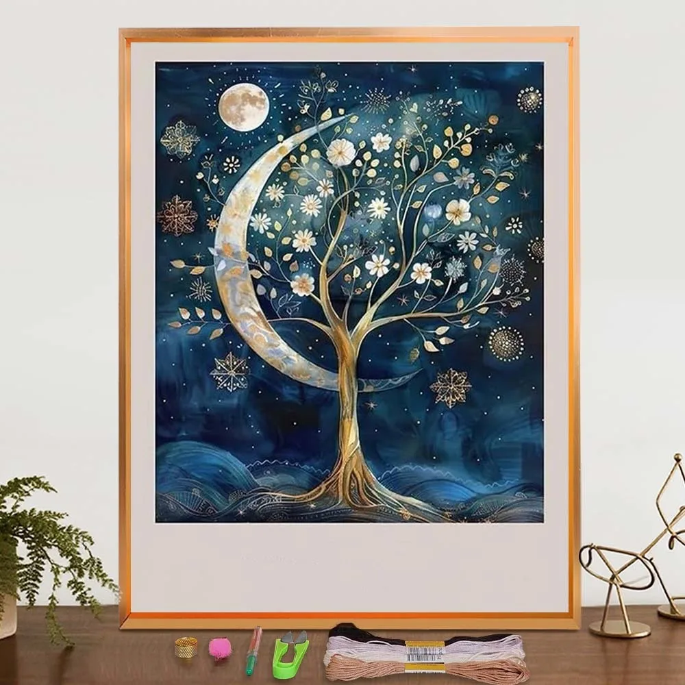 

Moon Tree Printed Canvas Cross Stitch Kits 11CT Cotton Thread Embroidery Kit DIY Set Needlework Cross-Stitch Bedroom Wall Decor