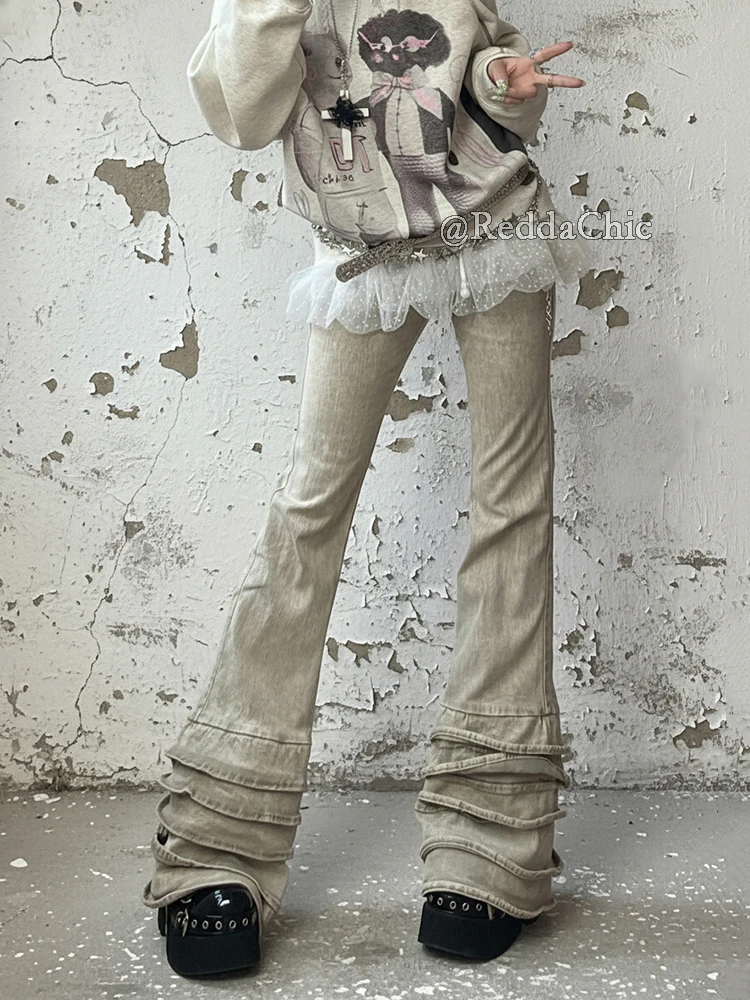 REDDACHiC Women Distressed Y2k Flared Jeans High Waist Ruffle Tiered Bootcut Tight Stretch Denim Pants Vintage Punk Streetwear