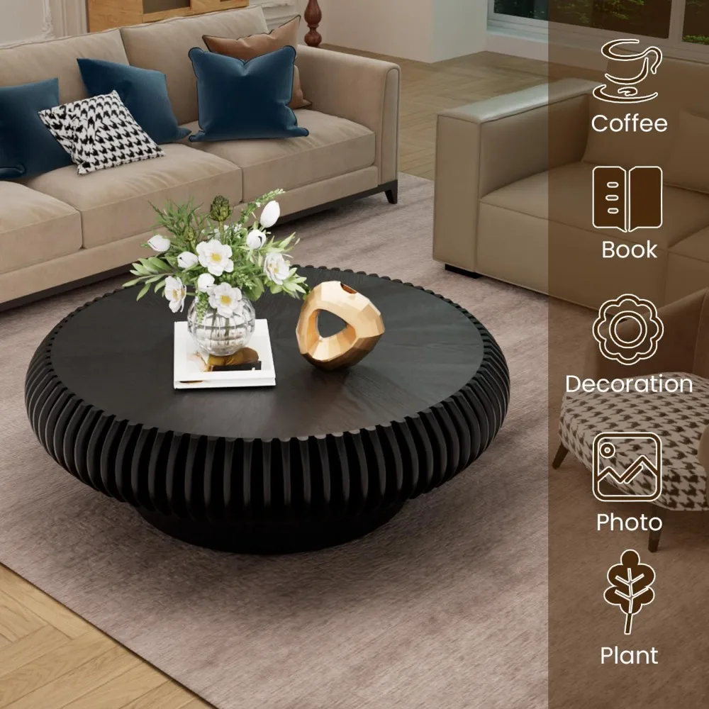 39.3 Drum Coffee Table Modern Unique Fluted Tea Table Contemporary Wood Round