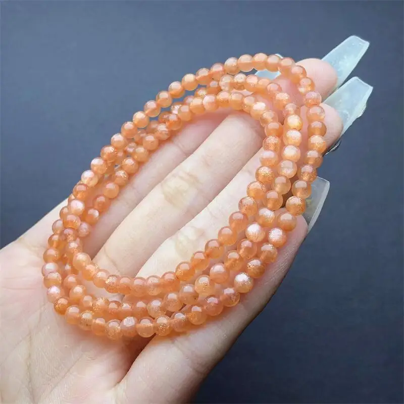 4MM Natural Gold Sunstone Triple Circle Bracelet Women Healing Gemstone Crystal Strand Jewelry Gift 1PCS