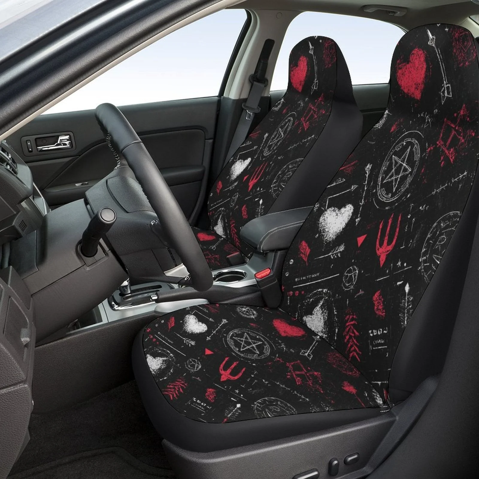 Occult Symbols Car Seat Covers Set - Gothic Black & Red Design With Pentagrams, Baphomet & Inverted Pentagrams - Heavy-Duty Fit