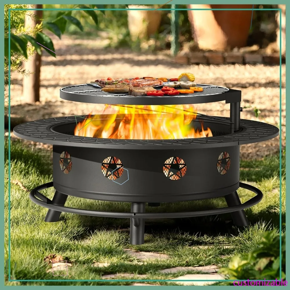 

43-дюймовый мангал-гриль 3-в-1, прочный уличный стол для костра и патио, работающий на дровах