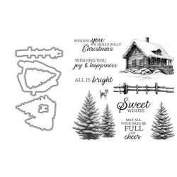 Mangocraft Winter Pine Trees Cottage Cutting Dies Clear Stamp DIY Scrapbooking Metal Dies Silicone Stamp For Cards Albums Decor