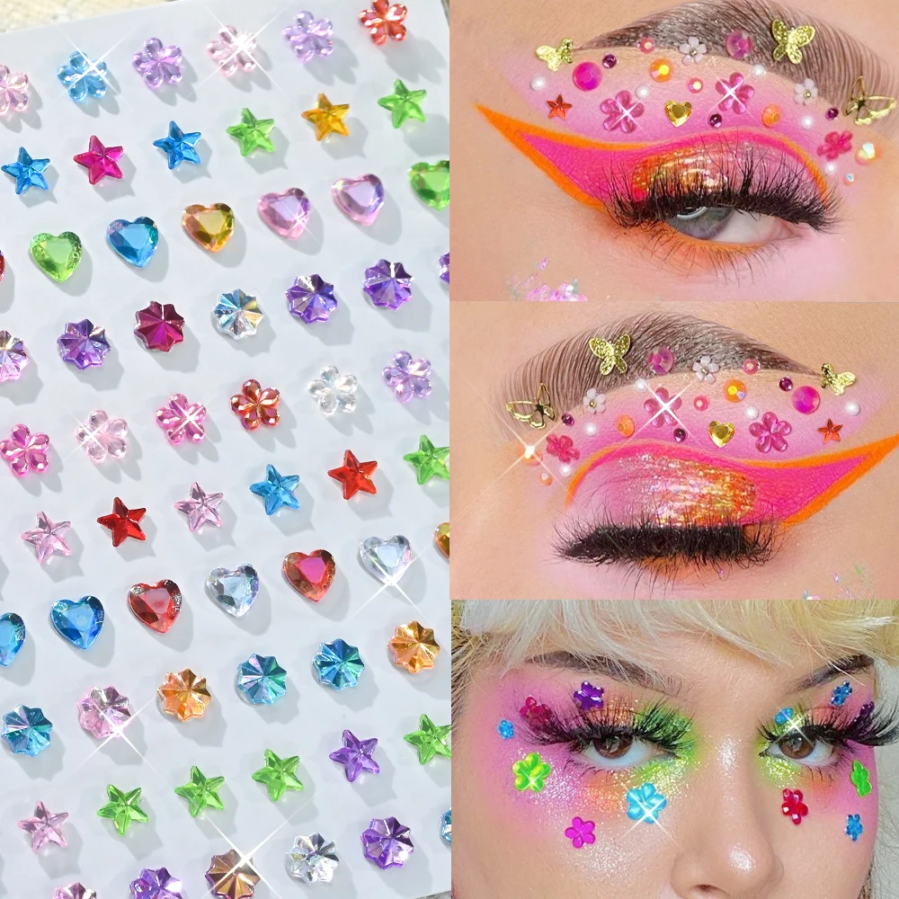 6Pcs 3D Colorful Gem Face Tattoo Sticker Mixed Round Heart Butterfly Star Moon Diamond Decals for Party Body Eye Makeup Jewelry