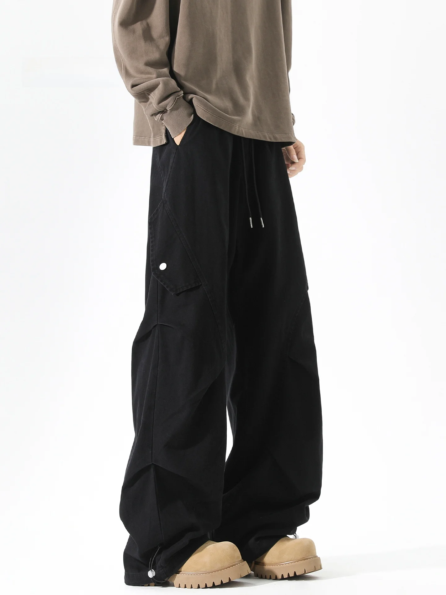 

American High Street Folded Paratrooper Workwear Pants Men's Trendy Loose Straight Leg Bla Casual Long Trousers