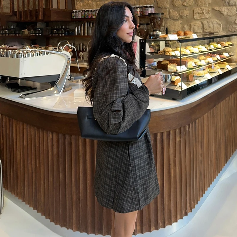 Women's Casual Plaid Mini Dress with Lace Detail - 2026 Collection