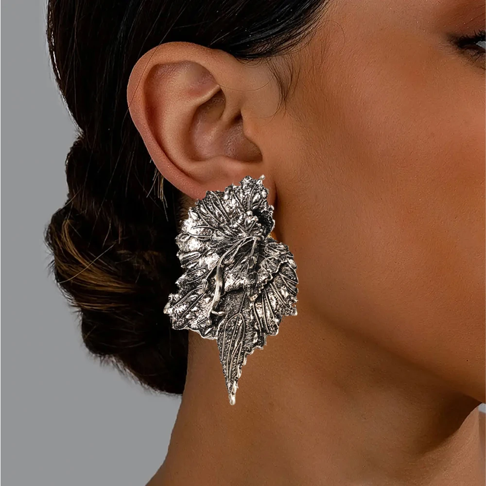 

New Design Retro Earrings Antique Rhodium Hibiscus Flower Leaf Studs Around A Circle Drop Earrings for Vintage Women Jewrly