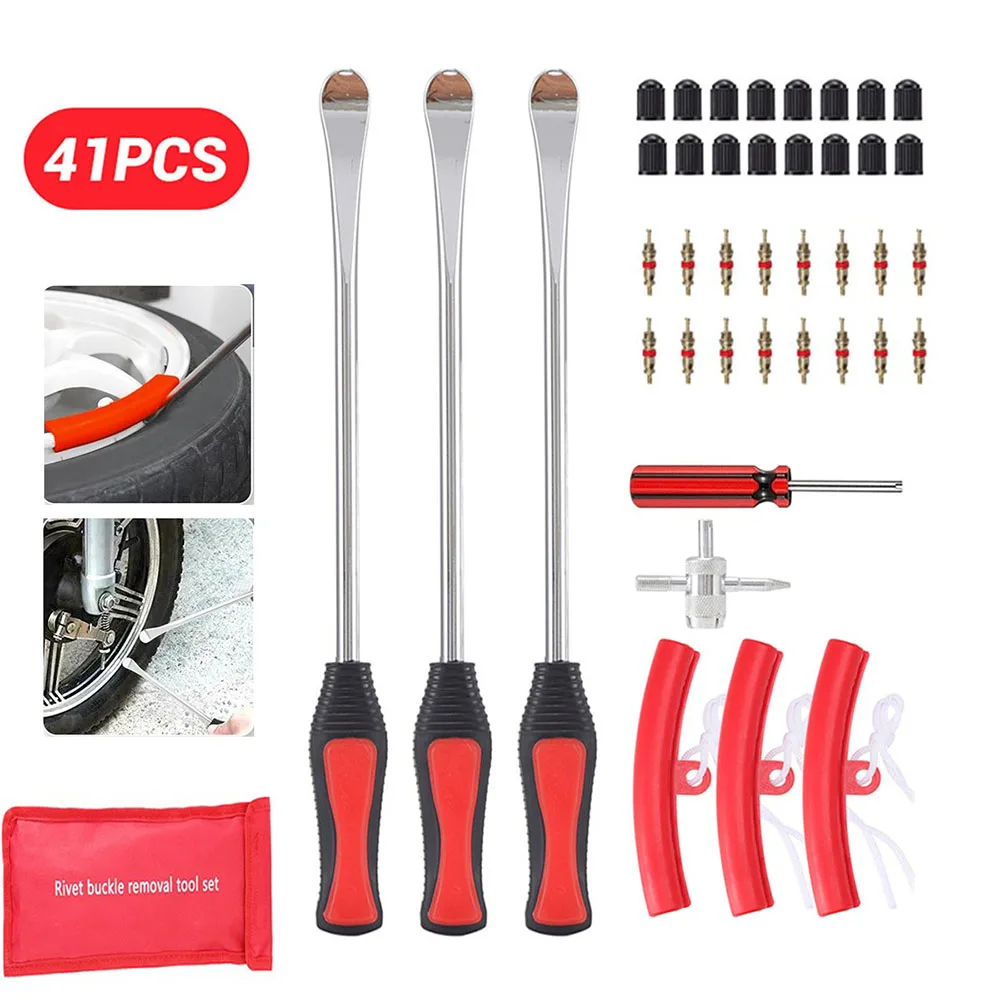 41Pcs Motorcycle Bicycle Tire Changing Levers Repair Tool Set Tire Spoon Lever Tire Protector Valve Cap Valve Cores For Bike Motorcycl