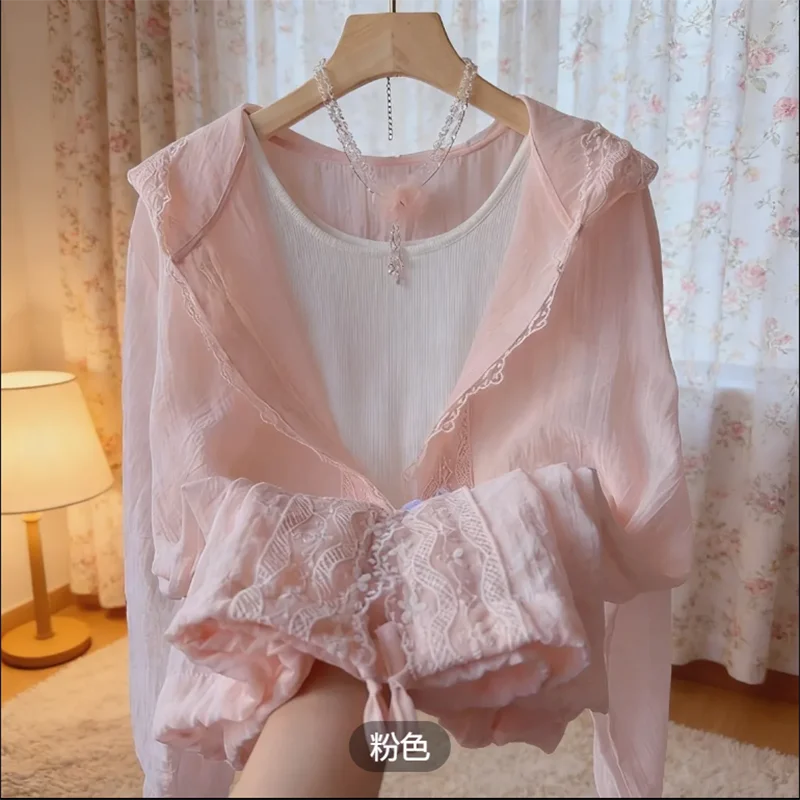 Sweet Summer Gentle New Style Ruffle Lace Breathable Drawstring Hooded Shirt Casual Lightweight Women's Outerwear