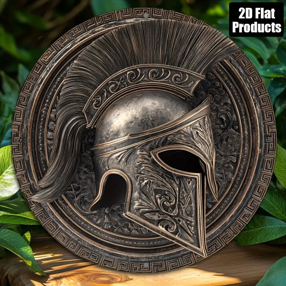 Metal Spartan Helmet Wall Plaque 8x8 Inch 2D Round Bar Decor Holiday Gift