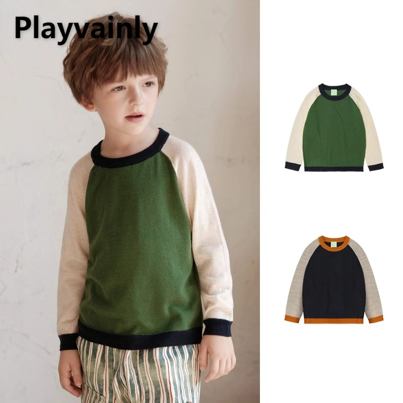

2025 New Autumn Winter Patchwork Color Long Sleeve Casual Sweaters for Boys Crewneck Knitted Pullover Tops Kids Clothing W5286