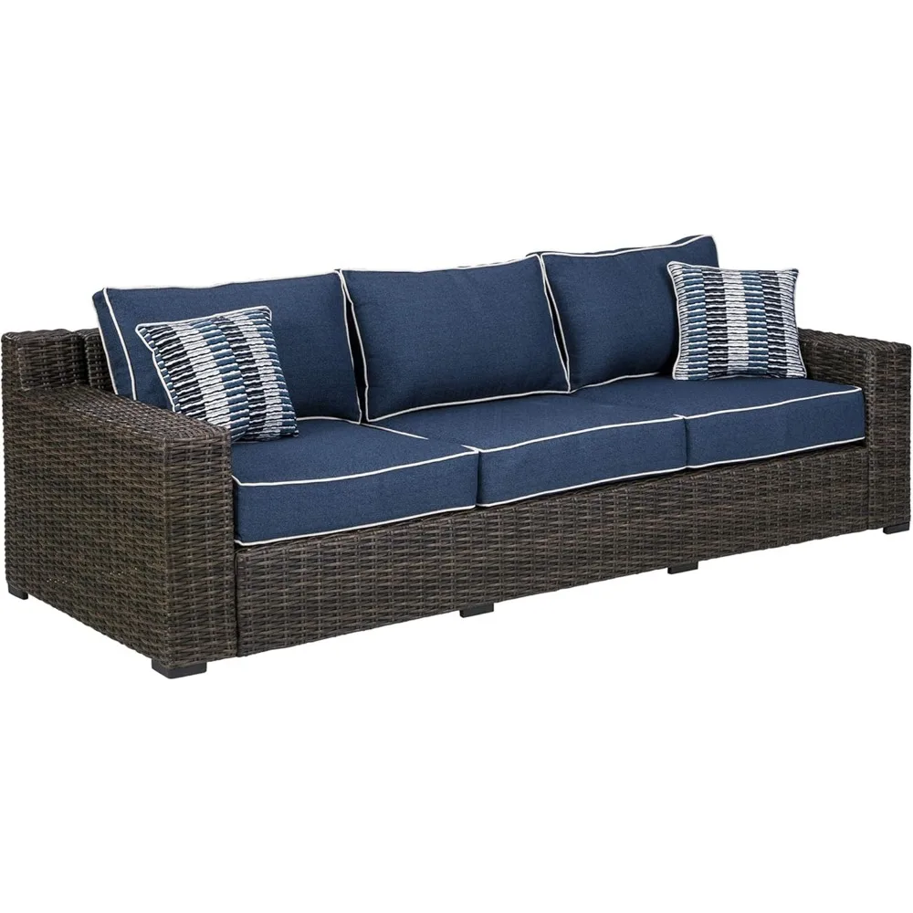 Outdoor Patio Wicker Sofa with Cushion and 2 Pillows, Brown & Blue