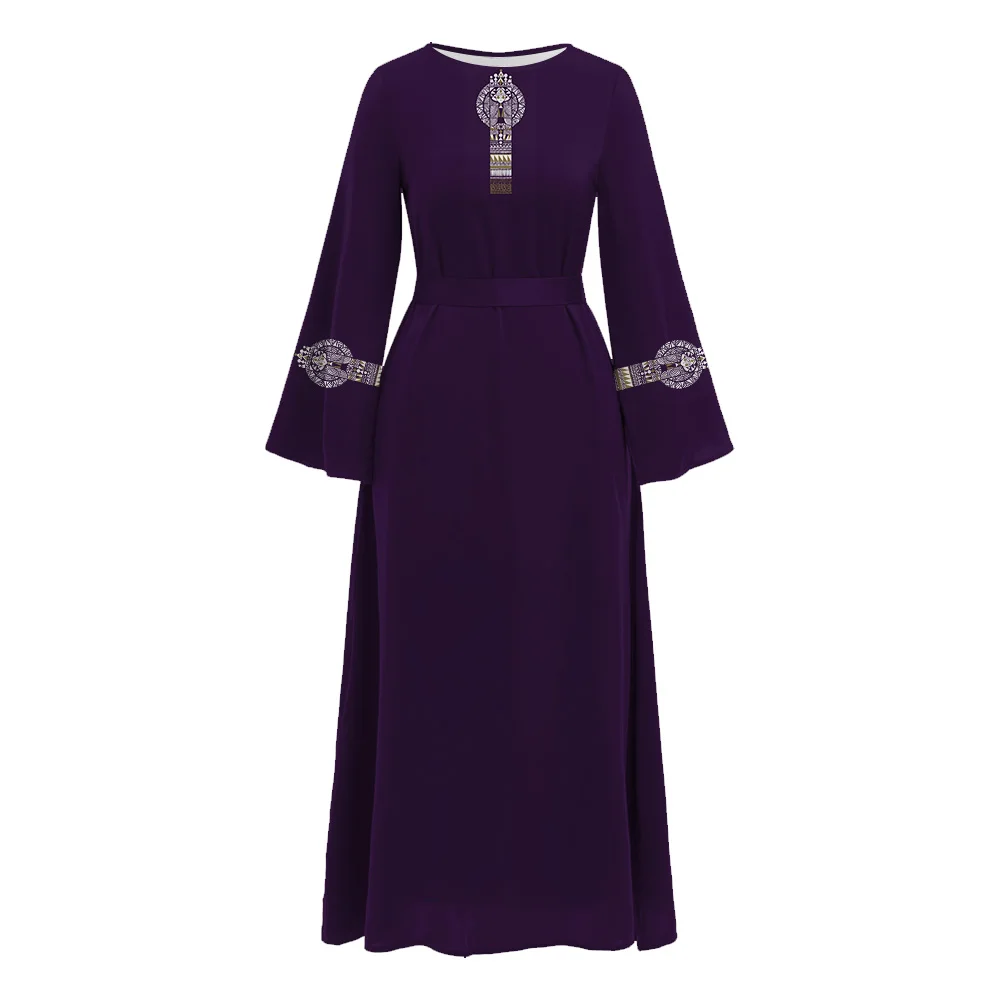 Women Muslim Islam Purple Abaya Long Flare Sleeve O-Neck Abaya Muslim Dress With Belt Dubai Turkey Moroccan Casual Kaftan Dress