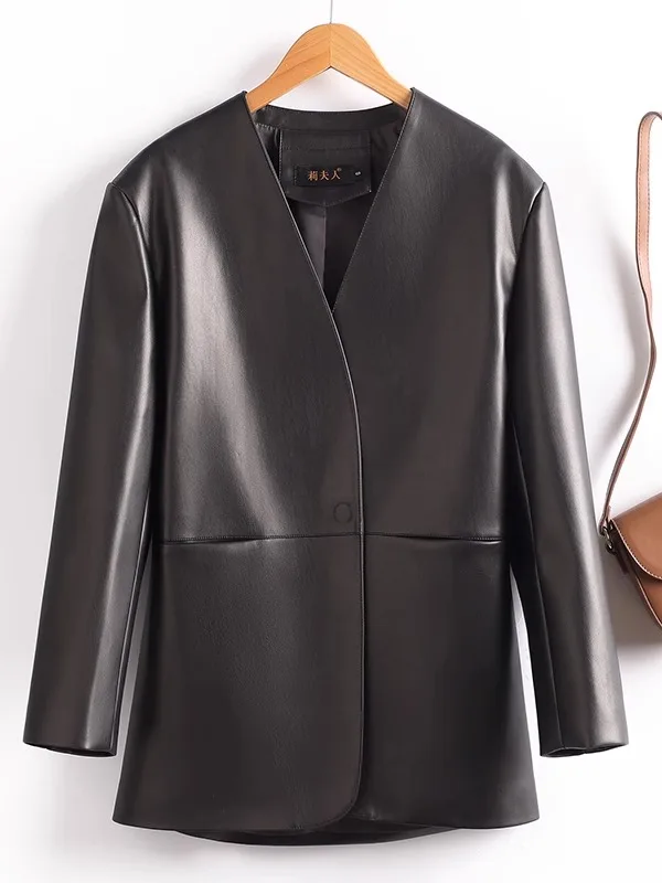 2025 Spring New Women's Medium Length eepskin Leather Jaet Bla Coat Outerwear Sli Commute Sle Slim Fit Leather