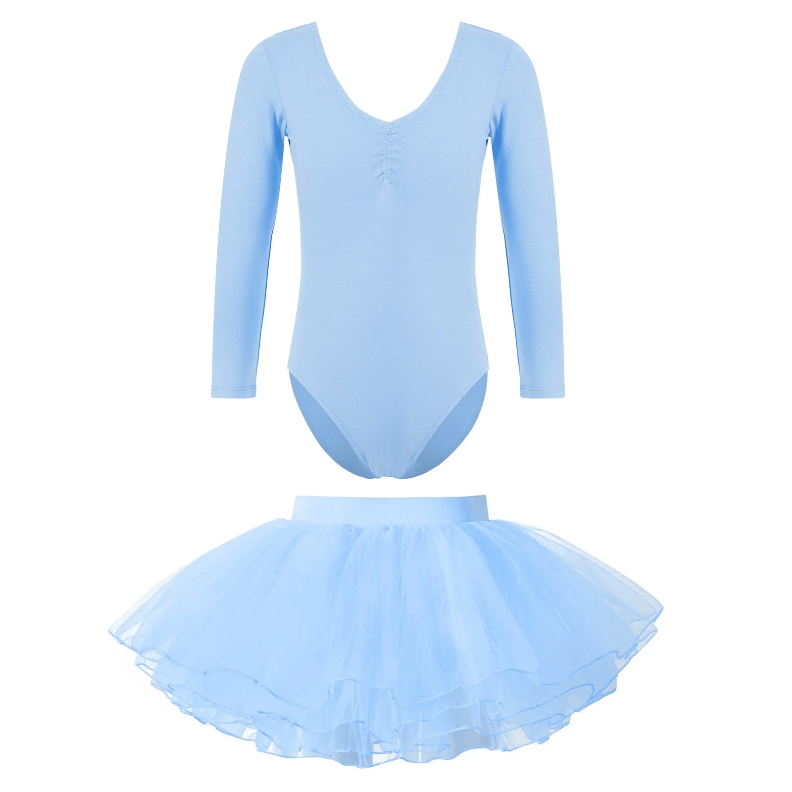 

Kids Girls Ballet Dance Bodysuit Outfit Cotton Long Sleeve V-Neck Ruched Solid Color Leotard+Four-Layer Tutu Mesh Skirt 2Pcs