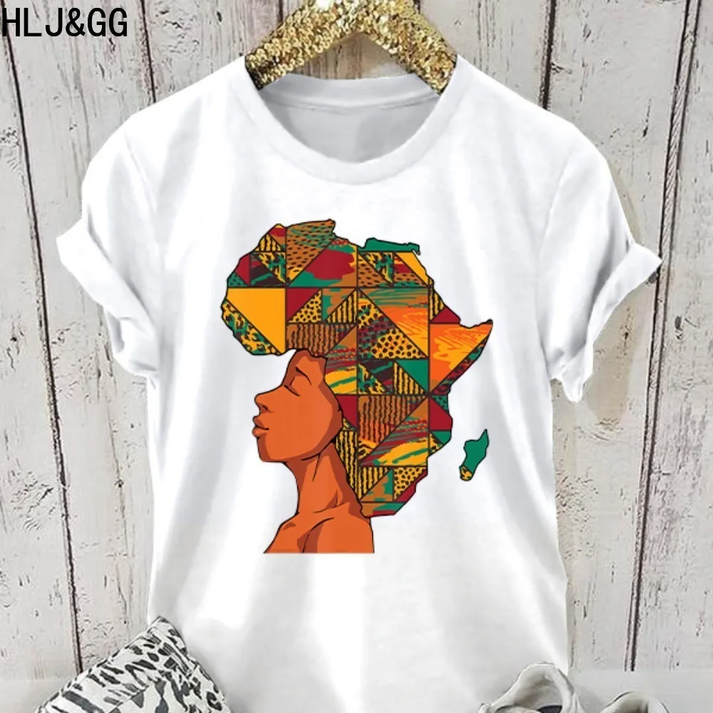 Hlj & Gg Zwarte Zomer Nieuwe Afrikaanse Patroonprint T-Shirts Vrouwen Ronde Hals Korte Mouw Slanke Tops Casual Dames Bijpassende Kleding