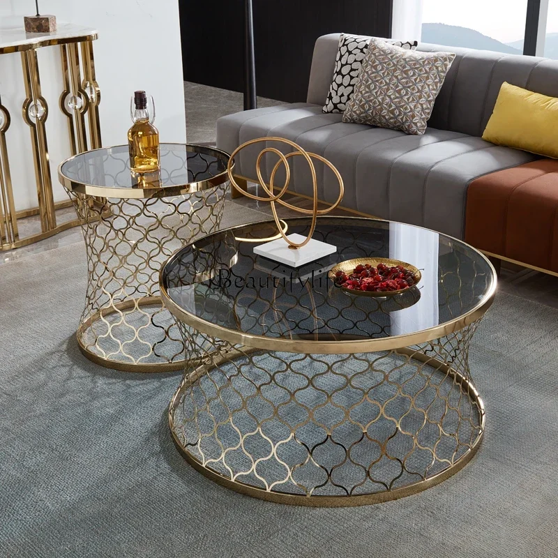 

01LLight luxury modern round coffee table size combination household small apartment stainless steel creative side table