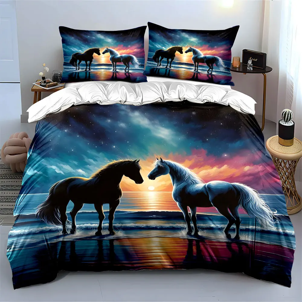 Two horses by sunset beach Printed Duvet Cover Set 1 Duvet Cover+2 Pillowcase Multi Size Bedroom Bedding Decor Luxury gifts 3