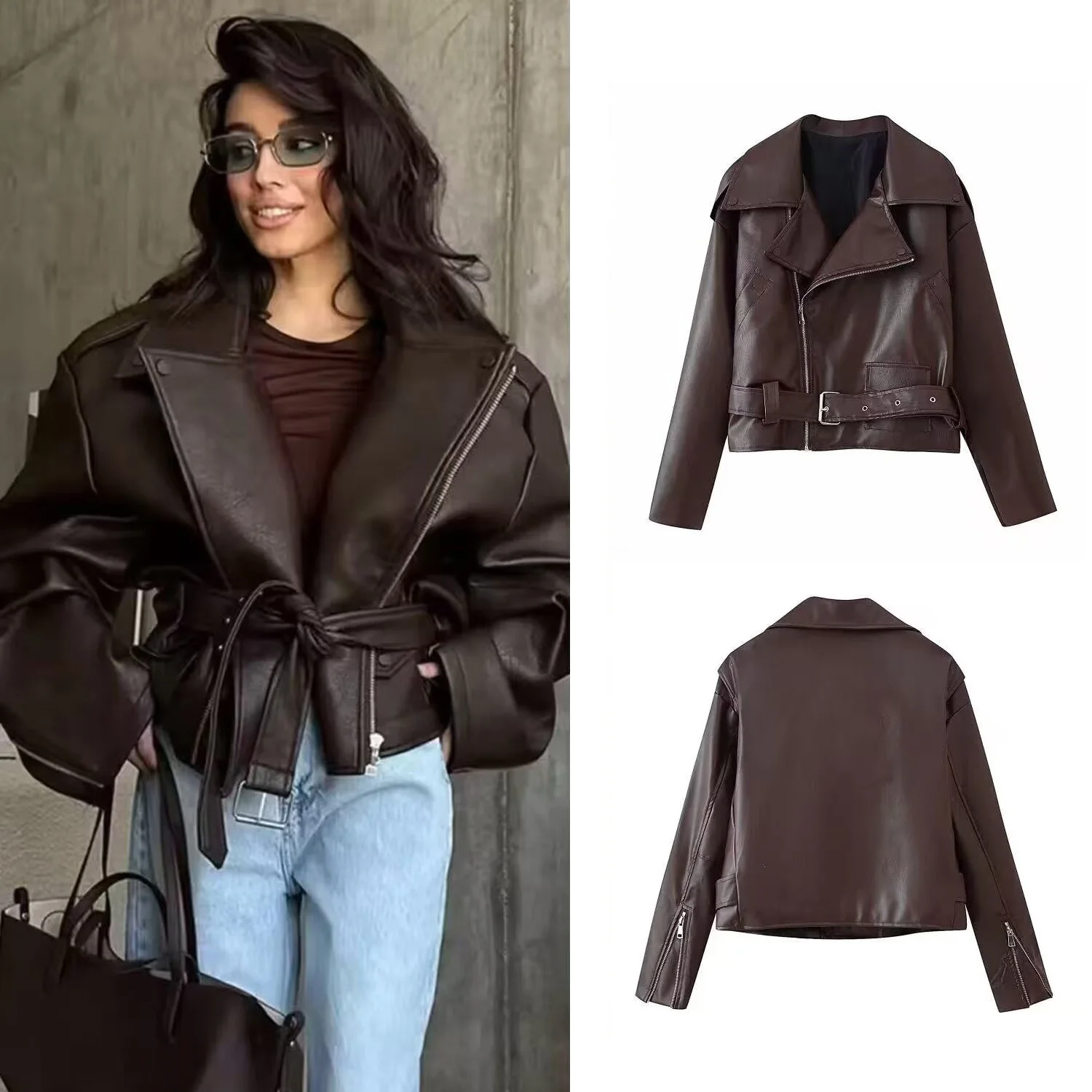 

Women Fashion Vintage Faux Leather Short Jacket Female Turn-Down Collar Long Sleeve Zipper Brown Motorcycle Jacket Outerwear Co