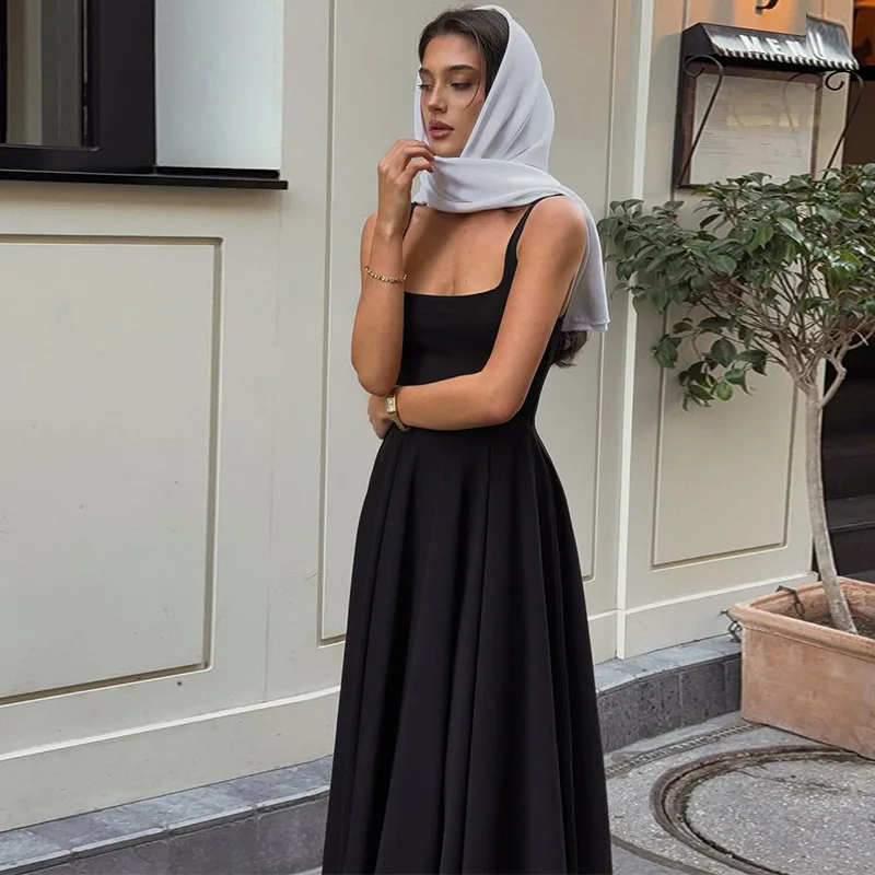 Verão feminino pescoço quadrado sem mangas preto plissado maxi vestido a linha elegante sexy bodycon grande balanço festa de férias roupas de verão