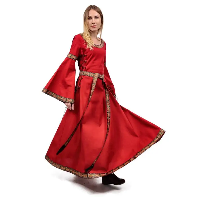 

DAZCOS Linen High-end Embroidered Dress Viking Queen Dress Medieval Costume Long Sleeve OverDress Red Medieval Queen Dress