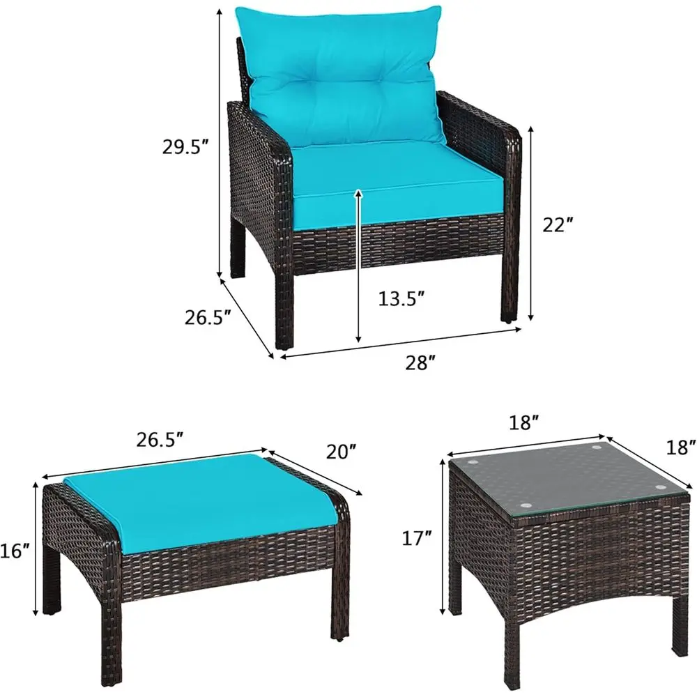 Turquoise Outdoor Patio Furniture Set - 5-Piece Rattan Conversation Set with Cushions, Glass Table, and Ottomans