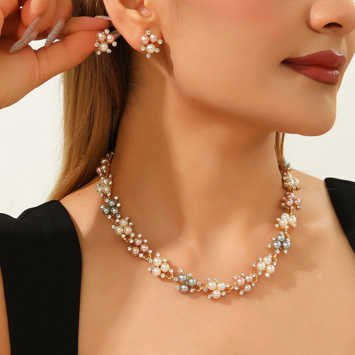 Gold Plated Alloy Rhinestone Necklace Earrings Set Floral Flower Jewelry for Women Office Commute Gift