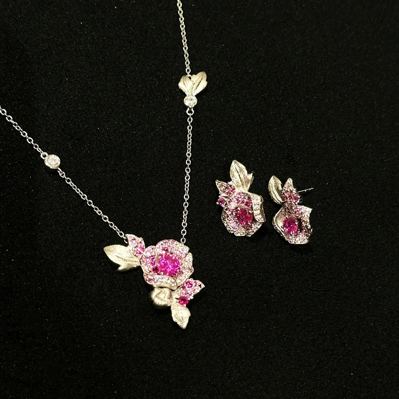 Romantic Brushed Rose Necklace for Women Light Luxury Style Red Camellia Earrings Old Money Style Jewelry Set Gift KOFSAC