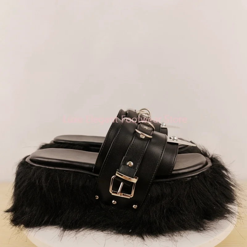 Black Furry Platform Belt Buckle Peep Toe Slippers Women Helght Increasing Leather Slip On Slippers Punk Gothic Party Sandals view 5