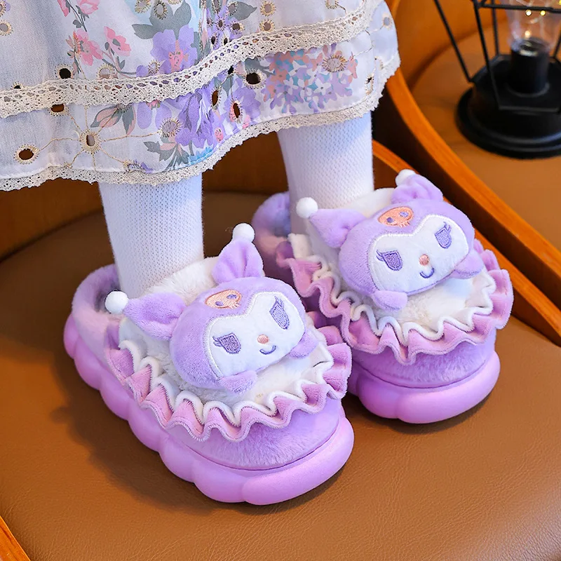 

Sweet Family Winter Warm Slippers Cute Kawaii Sandals Kuromi My Melody Hello Kitty Soft Sole Shoes