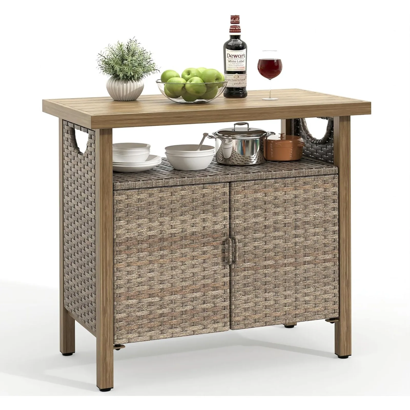 US Outdoor Storage Cabinet, Patio Bar Table with Two Doors and Shelves, Weatherproof Wicker Storage Console Table for Outdoor