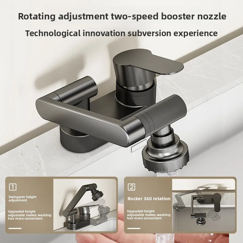 Wash Basin Faucets Bathroom Faucet Double Hole Hot and Cold Tap 2 Modes Nozzle Tap Rotation Household Mixing Valve