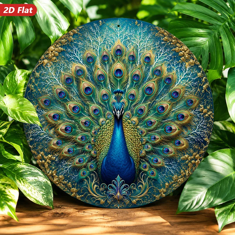 CIFBUY 2D Round Metal Wall Art Ostrich Floral Design Decorative Sign Waterproof Durable Home Decor for Living Room Bedroom Hallw