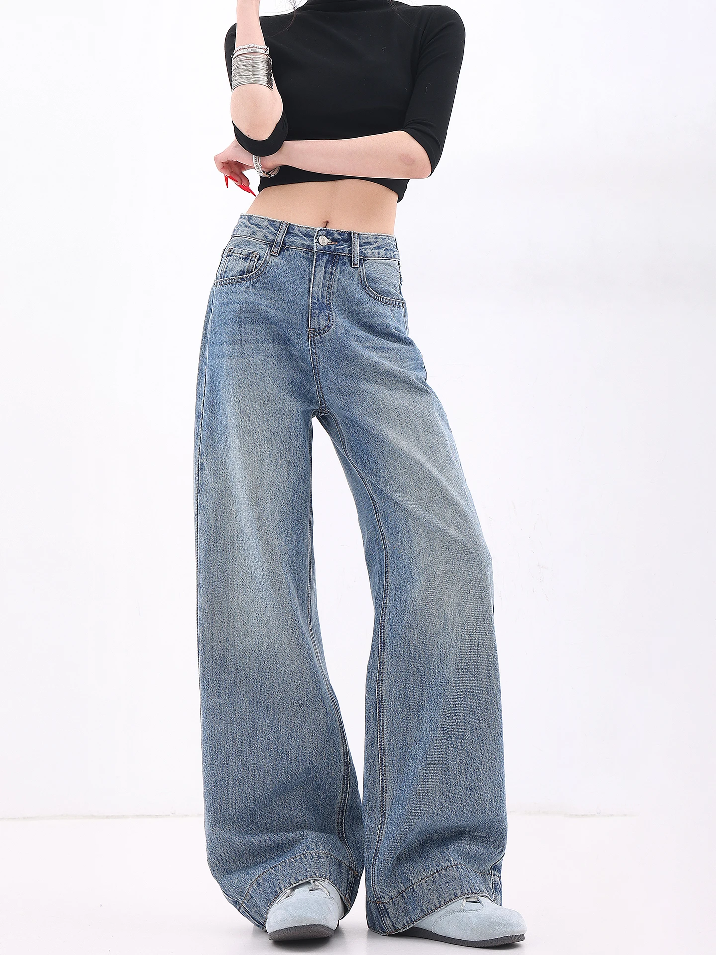 

Retro Waed Loose Casual Jeans Women's Straight Leg Drapey Floor-Length Pants l Waist Wide Leg Jeans Spring 2026
