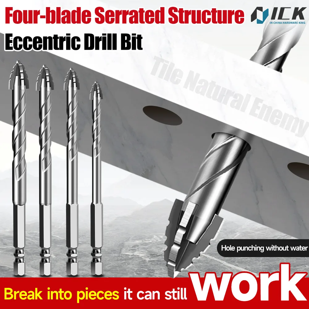 Serrated Four Fleet Eccentric Drill Bit High Quality Support for Long Working Hours for Glass Ceramic Tile Hard Alloy Hex Shank