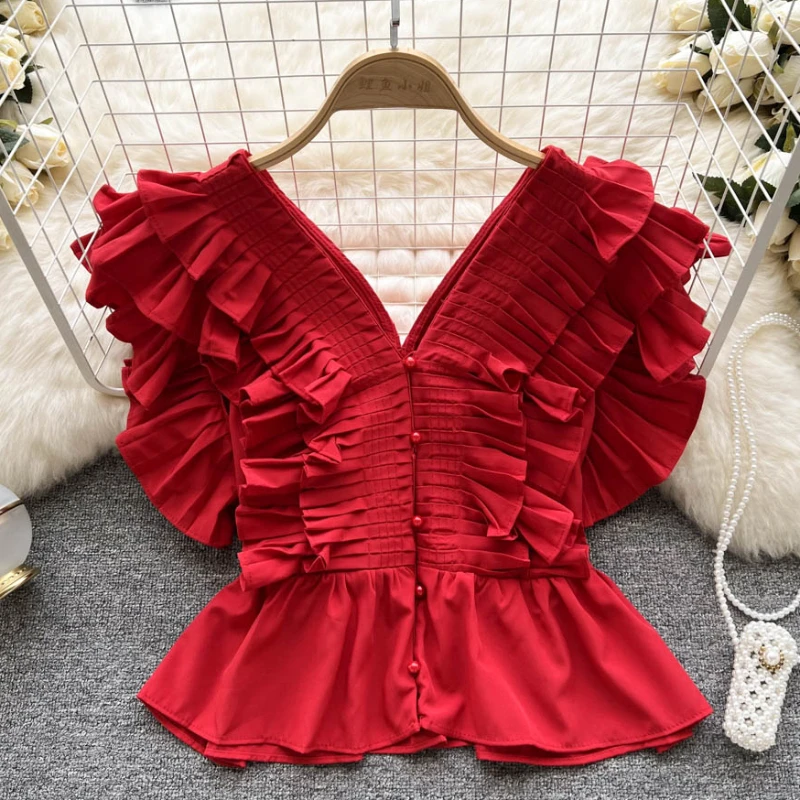 2024 Summer Korean Sweet Women Shirts Fashion Vintage Ruffles Loose Casual Tops Spring French Elegant Ladies Office Blouses