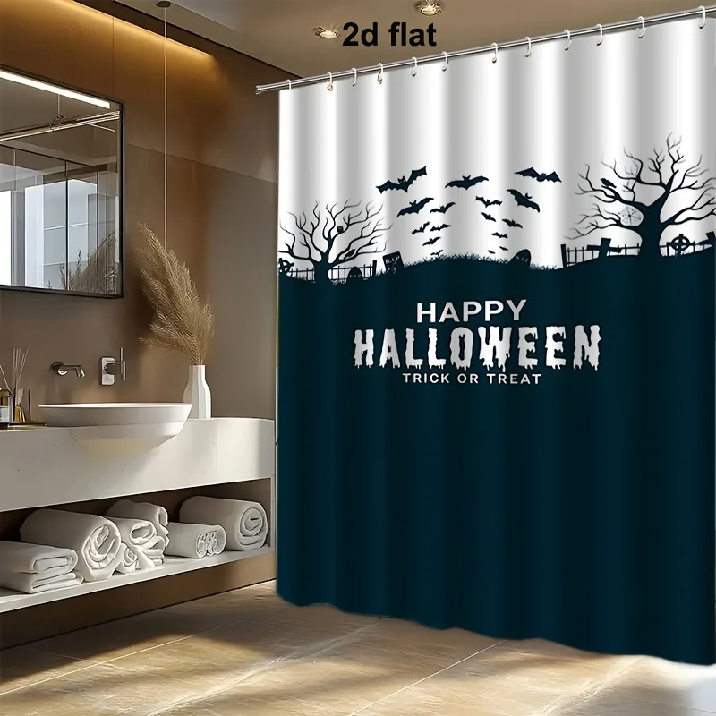 Happy Halloween Shower Curtain, Bat Tree Silhouette Print Trick or Treat Text, Dark Blue Holiday Decor Waterproof Polyester Bath