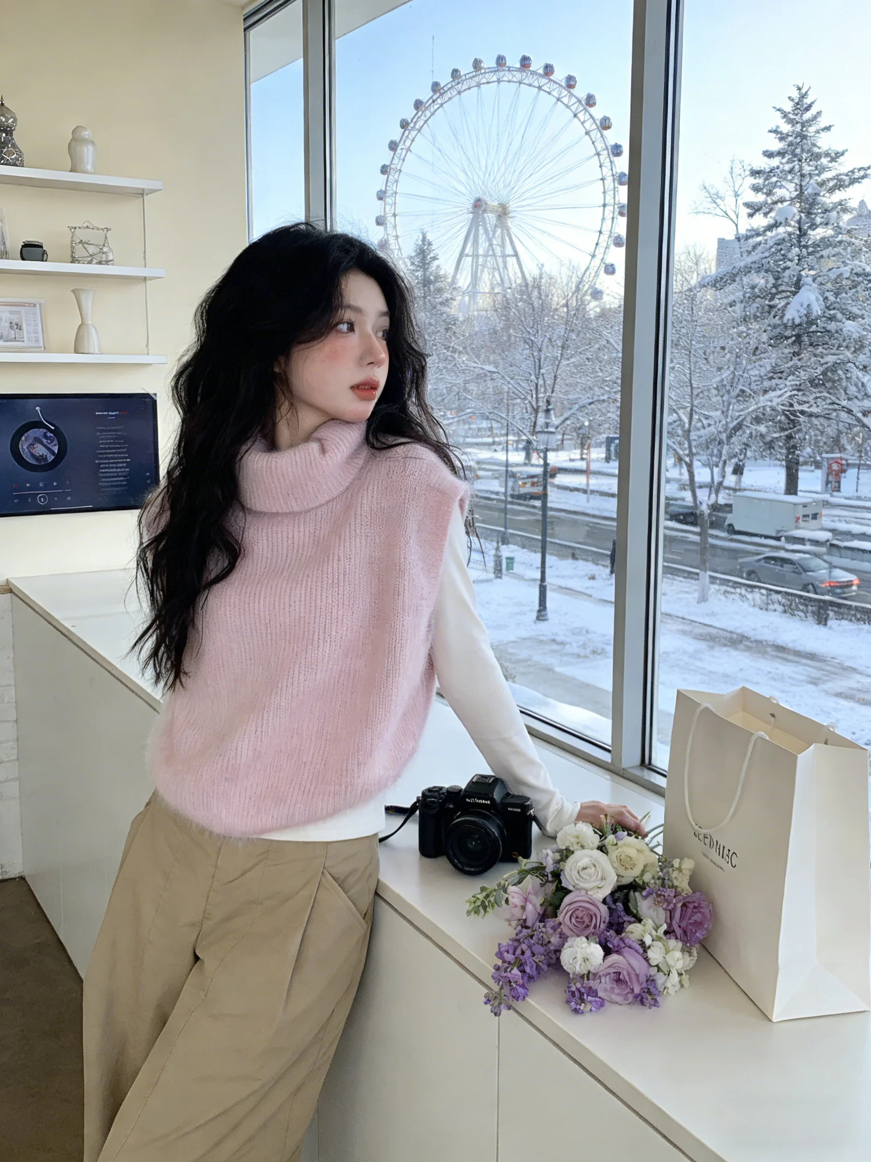 Korean Style Pink High Collar Knitted Vest Women Spring Autumn 2026 New Sweet Style Shoulder Pad Layered Sweater Sleeveless T...