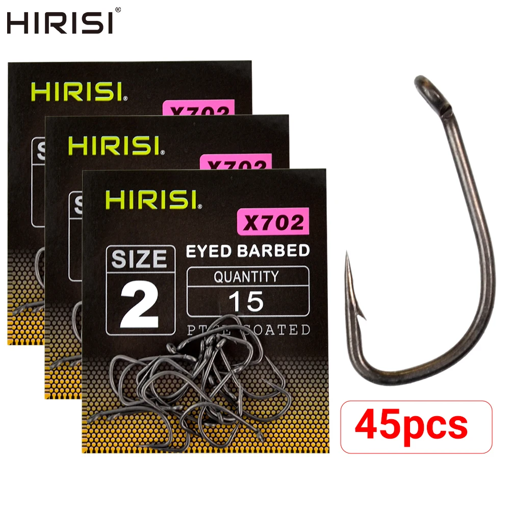 Hirisi 45 Stück PTFE-beschichtete Karpfen-Angelhaken, Widerhaken aus Kohlenstoffstahl X702, extra scharfe, korrosionsbeständige Haken