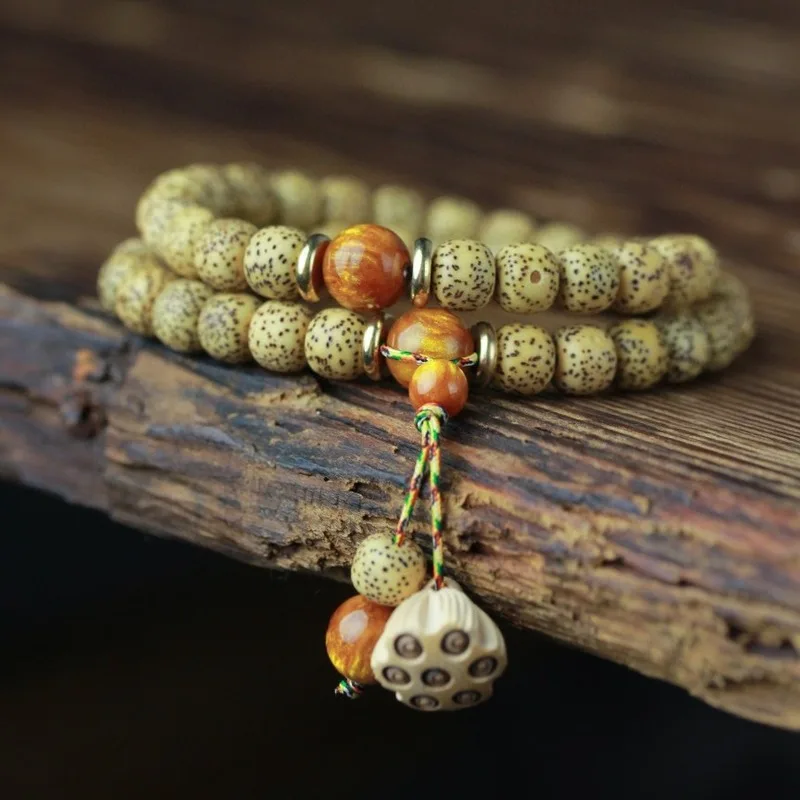 Original DIY design Chenzi Star Moon Bodhi Bead Buddhist Bracelet, handcrafted with polished lotus pods, woven prayer beads