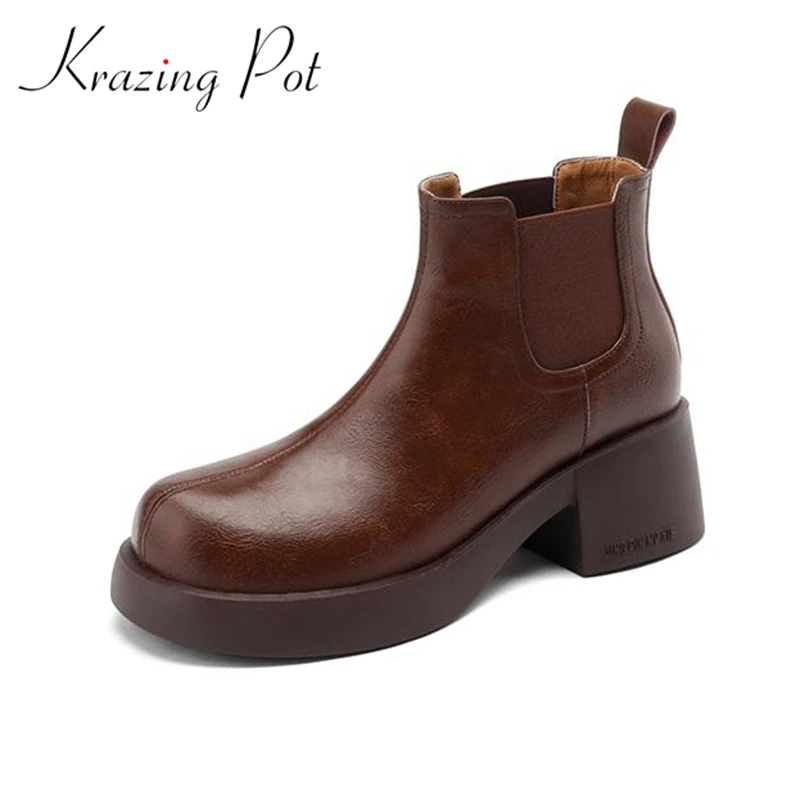 Krazing Pot Cow Leather Flat Platform Round Toe Thick Heels Winter Keep Warm Chelsea Boots Big Size Punk Rock Singer Ankle Boots