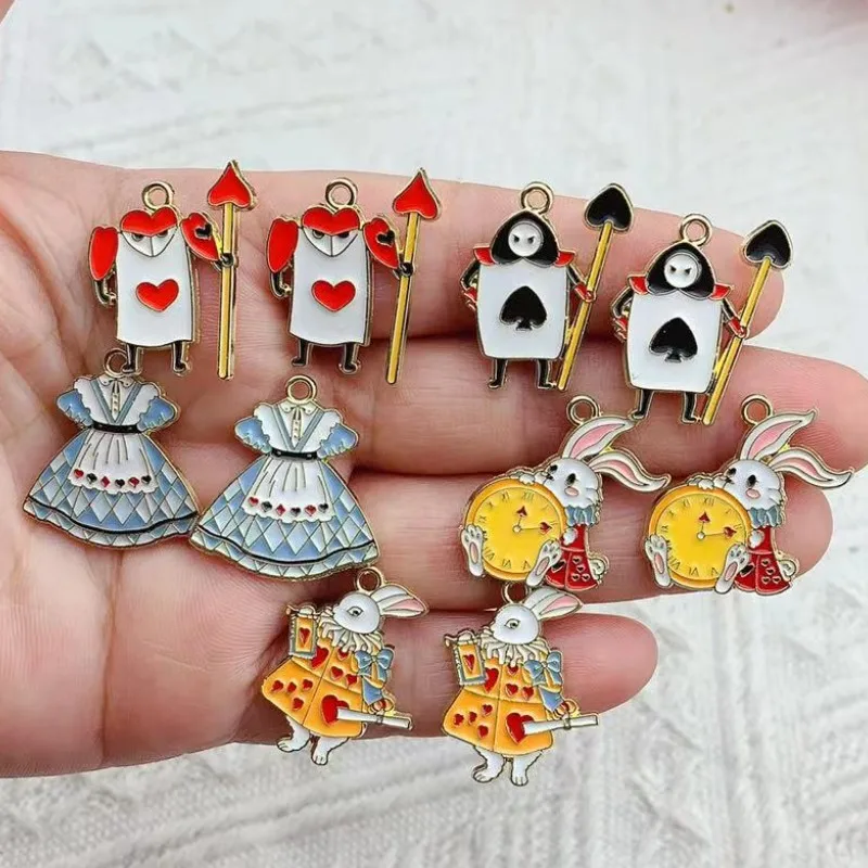 10pcs Enamel Alice Series Charms Girls Clock Rabbit Charms Pendants For Jewelry Earrings Necklace Alloy Accessories Golden Color