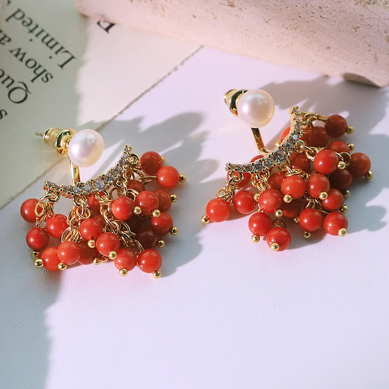 

Two-Way Wear Red Sea Bamboo Coral Natural Pearl Earrings Handmade Design High-Quality Earrings Gift for Wife Banquet GE1527C