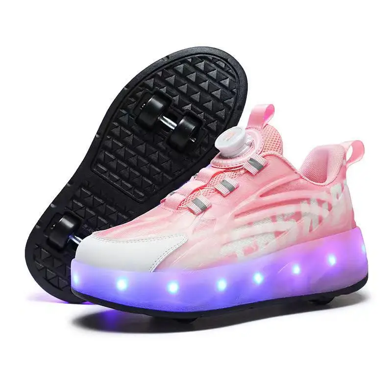 Kids Adults Detachable 4-wheel Colorful Lights Rechargeable Casual Roller Skates Walking Flying Shoes With Rotating Buckle