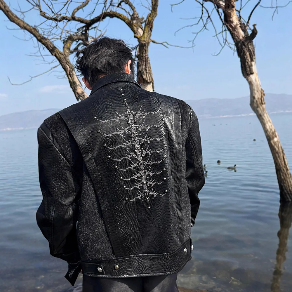 

Y2k Snake Spine PU Leather Men's Motorcycle Jacket, American Splice Men Short Jacket, Autumn Streetwear Man Windbreaker