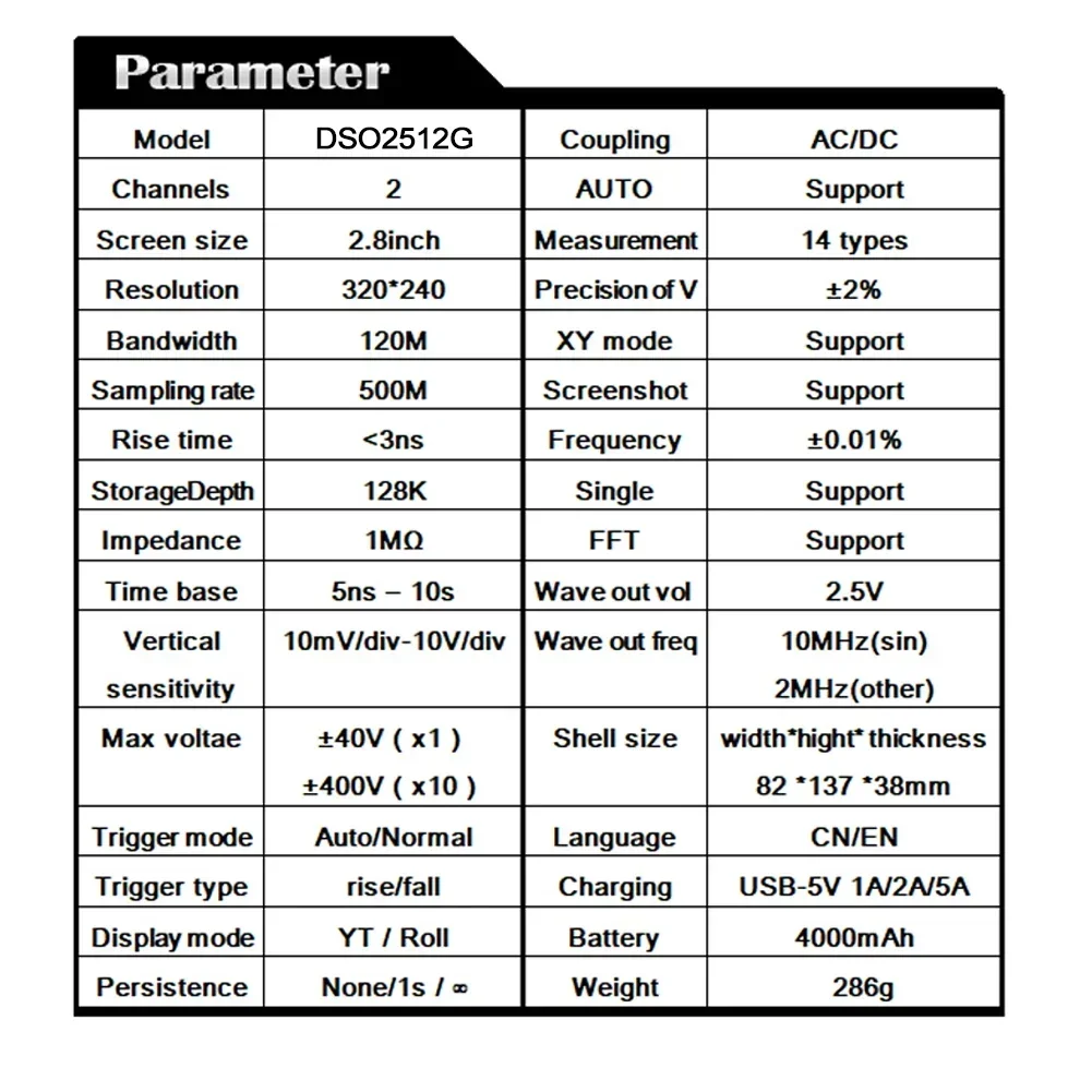 DSO2512G 120M Bandwidth Portable Handheld Dual Channel Oscilloscope 10mV Minimum Vertical Sensitivity FFT Spectrum Analysis